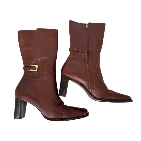 Anne Klein Mid Calf Leather Boots High Heel Brown Modern Classic Size 8M Luxury - Picture 4 of 15